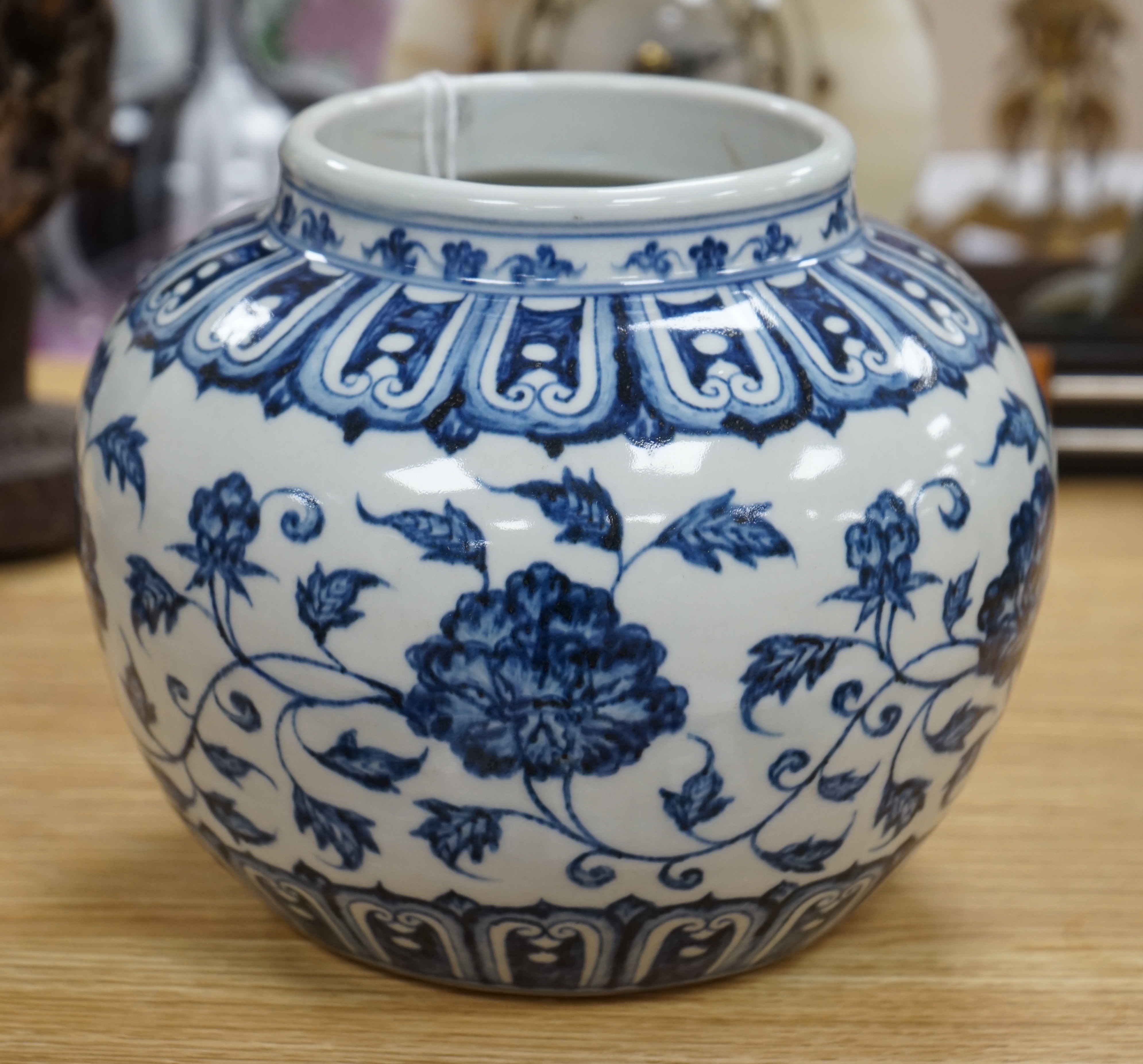 A Chinese blue and white floral bowl, 20cm high. Condition - good